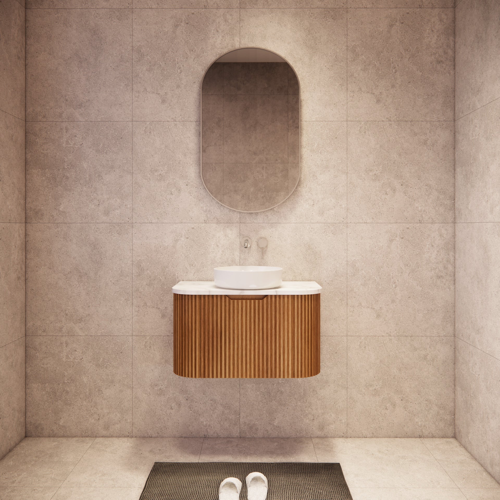 Bella Curved 750mm solid timber fluted wall hung vanity