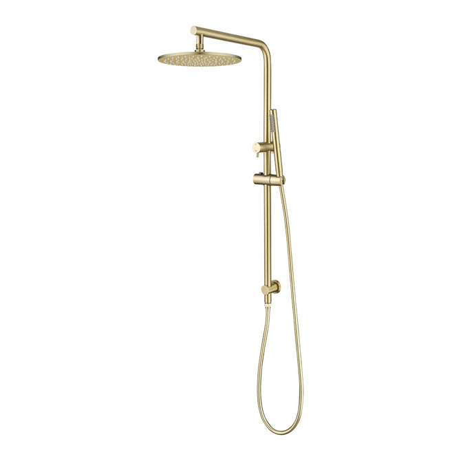 10 inch light brushed brass twin shower station with rain head and handheld