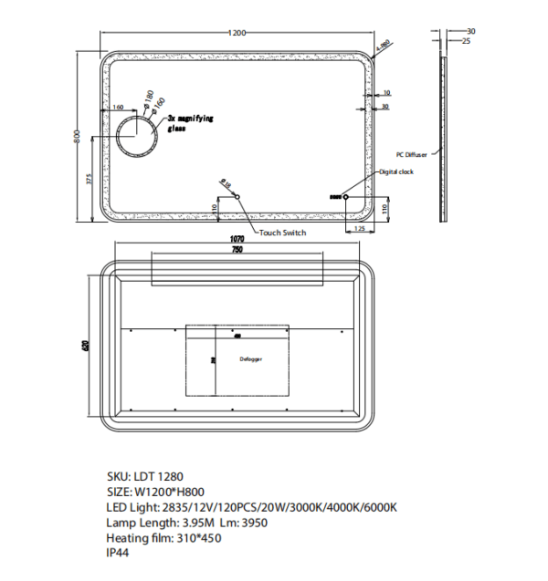 My bathroom depot ,1200x800mm Curved Rim Rectangle 3 Color Lighting LED Mirror Magnifier Touch Sensor Switch Defogger Pad Wall Mounted