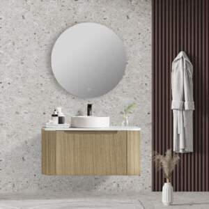 ROME BUR OAK FLUTED 900mm SINGLE BOWL WALL HUNG VANITY With Stone TOP . My bathroom depot