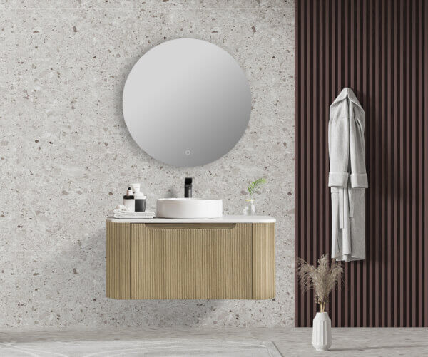 ROME BUR OAK FLUTED 900mm SINGLE BOWL WALL HUNG VANITY With Stone TOP . My bathroom depot